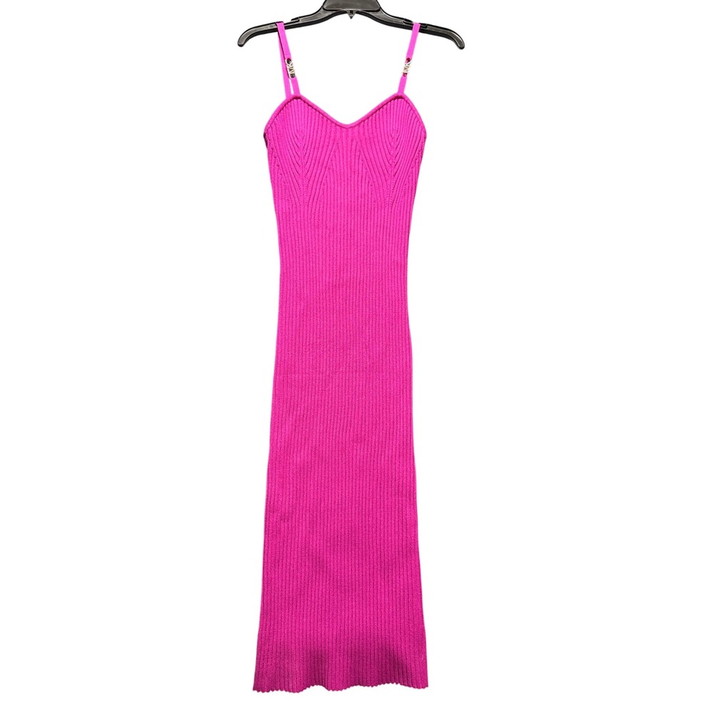 Michael Kors Ribbed Knit Midi Dress Women Medium Pink MK Hardware Adjustable